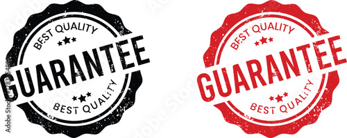 Guarantee, grunge-retro black-and-red isolated stamp on a transparent background.