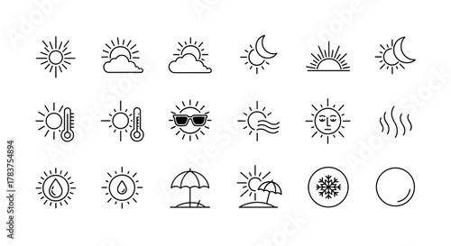 A comprehensive collection of minimalistic linear sun icons, featuring editable strokes and clean design. This set includes various weather representations like sunny days, cloudy skies, temperature