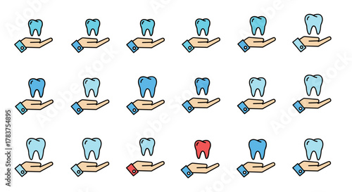 A seamless pattern of stylized tooth icons held in open hands, with one distinct red tooth among many blue ones, set against a clean white background, ideal for dental care, health, or medical design