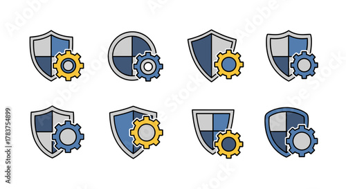 Set of eight vector cartoon illustrations featuring shields and gears or cogwheels in various color combinations, representing security, protection, and operational settings, isolated on a clean