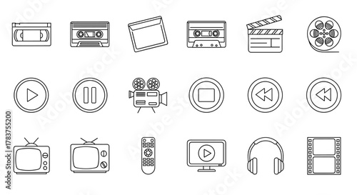 Bundle of Video Tape Related Line Icons: A comprehensive collection of outline signs for graphic and web design, apps, adverts, various cards, and vector cartoon illustrations, featuring classic