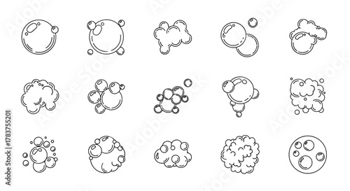 Collection of hand-drawn bubble and foam symbols in a thin line vector style, presented as a clean, ordered set on a white background, perfect for graphic design and digital art applications.