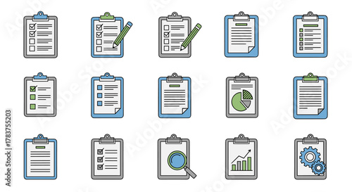Collection of 15 flat design clipboard icons with editable strokes, perfect for infographics, articles, books, flyers, and banners, featuring checklists, documents, charts, magnifying glass, and