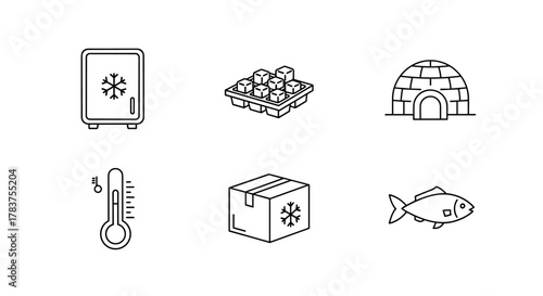 Minimalistic outline icons representing cold storage and freezing: a refrigerator with a snowflake, an ice cube tray, an igloo, a thermometer, a frozen goods box, and a fish, perfect for web, graphic