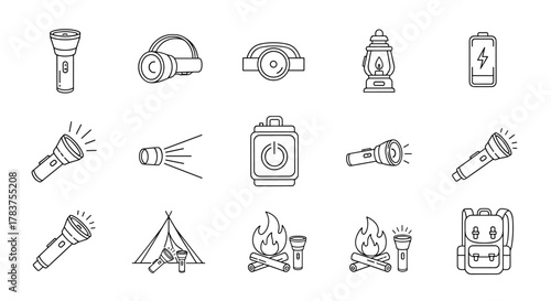 Collection of Camping Flashlight Related Line Icons: Outline Signs for Graphic and Web Design, Apps, Advertisements, Various Cards, Vector Cartoon Illustrations, and More. This versatile set includes