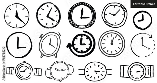 Set of hand drawn clock and watch icons. Vector sketch doodle collection of time, alarm clock, and wristwatch symbols. Editable stroke.