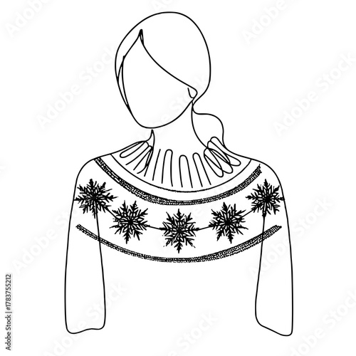 Long sweater with snowflake pattern Winter clothing and footwear Outline / Minimal Linear Vector