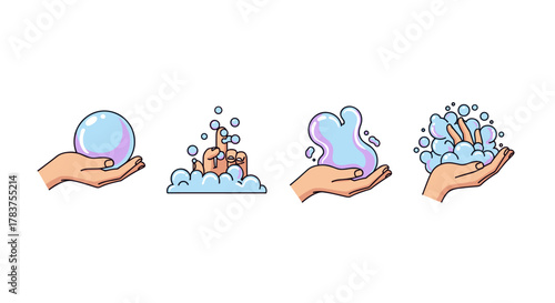 Step-by-step illustration of washing hands with soap and water, showing the process from a single bubble to abundant foam, symbolizing hygiene and cleanliness. This vector cartoon graphic, set