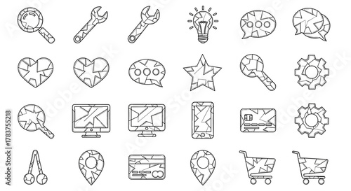 Collection of broken glass outline linear signs and icons for graphic and web design, apps, adverts, various cards, vector cartoon illustration with a white background. Includes search, wrench