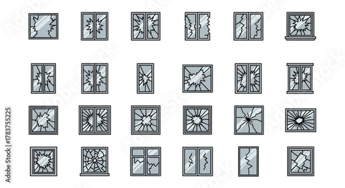 Collection of minimalistic vector illustrations depicting various types of broken windows, shattered glass, and cracked panes, presented on a clean white background. Ideal for web design, graphic