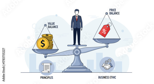 Conceptual illustration of a businessman standing on a scale, symbolizing the balance between value and price, principles, and business ethics, representing the importance of doing the right things