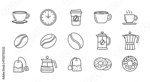 A collection of minimalist line art icons representing a coffee break, featuring coffee cups, a clock, coffee beans, a French press, a moka pot, tea bags, and donuts, perfect for graphic and web