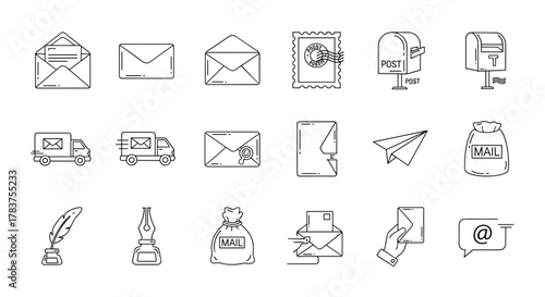 Collection of Envelope and Mail Related Line Icons: Outline Signs for Graphic and Web Design, Apps, Advertisements, Various Cards, and Vector Cartoon Illustrations, representing postal services and