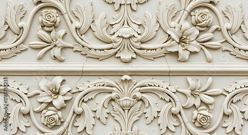 Elegant floral ornamental pattern in relief on a light colored surface