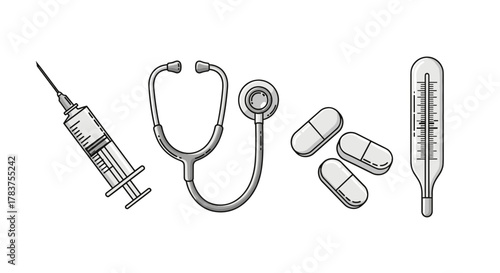 A clean, minimalist vector illustration featuring essential medical tools: a syringe with clear markings, a stethoscope for listening to heartbeats, several white oval pills, and a traditional glass
