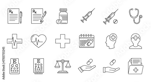 Collection of thin line icons representing medical and healthcare concepts, including prescriptions, pills, syringes, stethoscopes, heart rate, eye charts, and medical professionals, perfect for web