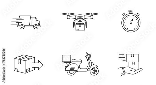 Collection of six outline icons representing fast delivery services, including a moving truck, a drone carrying a package, a stopwatch, a box with an arrow, a scooter, and a hand holding stacked