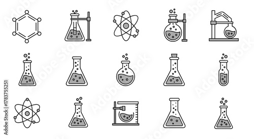 Modern Chemistry Line Icon Bundle: A Comprehensive Collection of Linear Graphics Featuring Chemical Compounds, Laboratory Flasks, Atoms, and Scientific Equipment for Diverse Design Applications