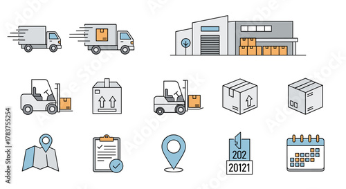 Set of minimalistic vector icons representing logistics and delivery services, including trucks, forklifts, boxes, warehouse, map pin, checklist, and calendar, perfect for web and graphic design