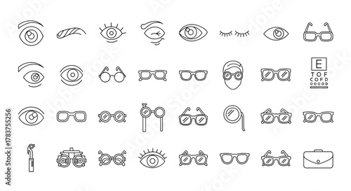 Collection of eye and glasses line icons, representing vision care, optometry, and eyewear. Includes various eye types, spectacles, eyeglasses, monocle, eye chart, and ophthalmology tools for graphic