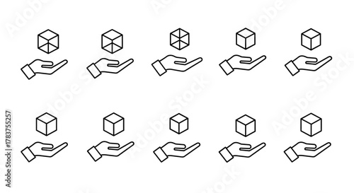 A collection of ten identical line art icons depicting a hand holding a cube, presented on a clean white background. This ordered set of minimalist graphics is suitable for web, books, cards, and app