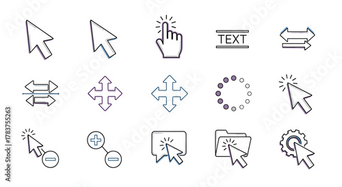 Modern Outline Style Cursor Icons Set: A Collection of Vivid and Versatile Vector Graphics for Digital Design, Featuring Cursors, Hand Pointers, Loading Spinners, Arrows, and More, Perfect for Apps