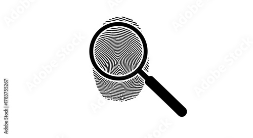 Close-up silhouette of a fingerprint being examined under a magnifying glass, symbolizing investigation, identity, security, and forensic science, isolated on a white background with ample copy space