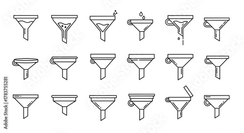 Collection of line art funnel icons, showcasing various designs and functionalities, including liquid flow and different handle styles, perfect for infographics, articles, books, flyers, and banners