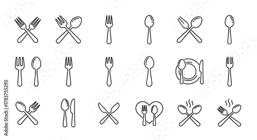 Collection of line icons representing forks and spoons, perfect for web design, books, cards, and apps. These editable stroke vector cartoon illustrations offer a clean and modern aesthetic for