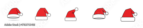 Santa Hat Icon Set Flat Design Vector Outline Collection