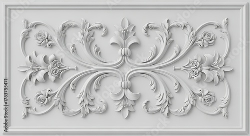 Elegant floral design plaster relief ornament against a white wall background