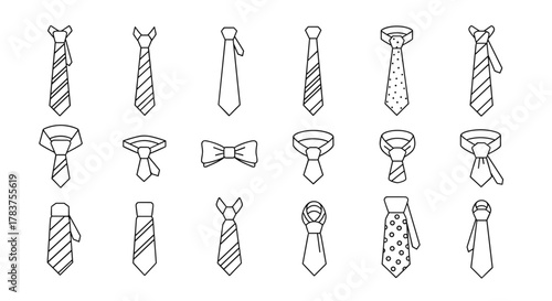 Collection of simple linear outline illustrations of various ties and a bow tie, suitable for web, books, cards, and apps, presented as editable stroke vector cartoon graphics on a white background.