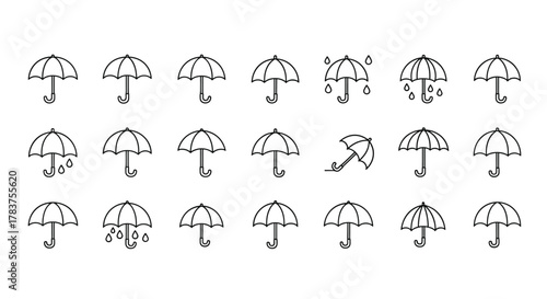 Modern outline style umbrella icons for design, cards, apps, and social networks. Vector cartoon illustration with a white background, featuring an ordered set of various umbrella designs, including
