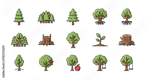 Collection of stylized, flat design vector icons representing various trees and forest elements, including pine trees, deciduous trees, saplings, tree stumps, and a tree with a birdhouse and swing