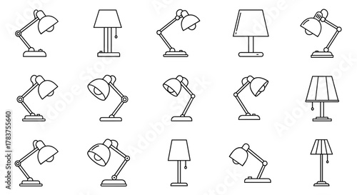 Collection of fifteen distinct outline icons representing table lamps and floor lamps, perfect for graphic and web design, apps, adverts, and various cards, presented as a vector cartoon illustration