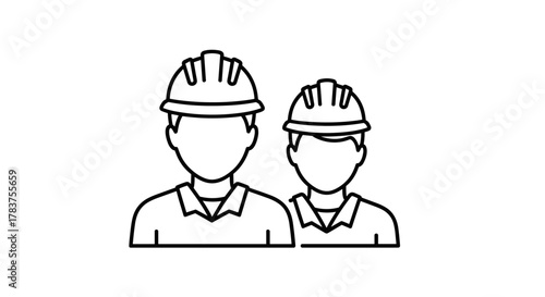 Two construction workers wearing hard hats and safety vests, depicted in a clean, minimalist line art style, symbolizing teamwork, industry, and professional collaboration in engineering and building