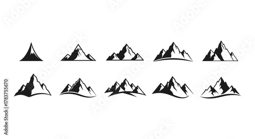 Collection of stylized black mountain silhouettes, featuring minimalist landscape symbols perfect for hiking, travel, and outdoor adventure logos and design elements. This vector set includes various
