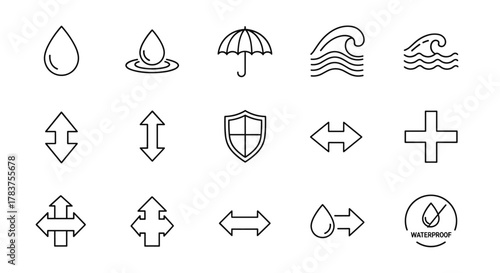 Collection of linear vector icons related to water resistance, including a water drop, a drop on water surface, an umbrella, waves, a shield, various directional arrows, a plus sign, and a waterproof