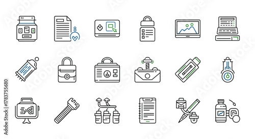 A diverse set of business and technology-themed line icons, including a cash register, document with checkmark, credit card with cursor, checklist, laptop with graph, computer, briefcase, toolbox