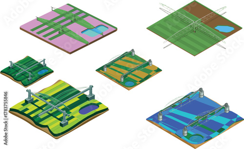 Isometric agricultural irrigation system illustration with center pivot sprinklers, farmland green field, water pond, automated farming technology concept design