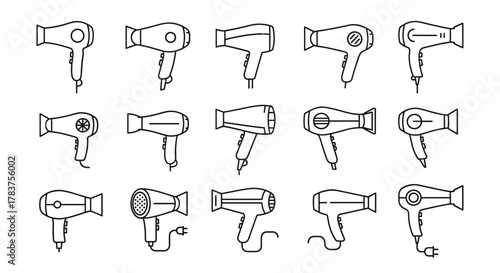 Set of minimalistic linear icons of hair dryers, featuring a variety of designs and styles. These clean, vector-based pictograms are perfect for web design, graphic design, mobile applications