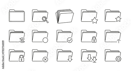 Set of minimalistic linear icons representing folders with various functions and statuses, perfect for web, graphic design, apps, banners, social networks, and cards. This collection includes icons