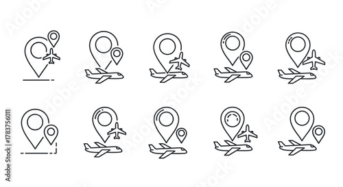 Set of simple line art icons depicting map pins and airplanes, symbolizing travel, navigation, and aviation concepts. This collection features various arrangements of location markers and aircraft