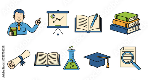 Collection of simple, flat design icons related to university and education, featuring a professor holding a book, a presentation board with a graph, an open notebook with a pen, a stack of books, a