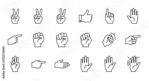 Collection of diverse hand gesture icons in a clean, minimalist line art style, presented on a white background. Includes symbols for peace, pointing, thumbs up, fist, open palm, and counting