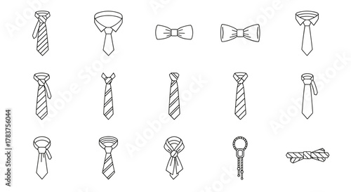 Collection of simple line icons representing various ties and bow ties, isolated on a white background. This editable stroke vector cartoon illustration is suitable for websites, books, cards, and