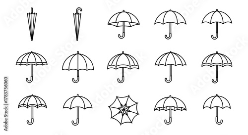Collection of 15 line art icons representing various umbrellas and parasols, including closed and open designs, with curved handles, set against a clean white background, perfect for graphic design