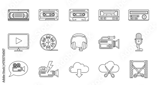 A comprehensive collection of line icons representing video and audio technology, featuring VHS tapes, audio cassettes, reel-to-reel tapes, monitors with play buttons, film reels, headphones