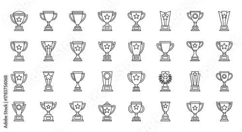 Collection of outline icons representing various winning cups and trophies, perfect for infographics, articles, books, flyers, and banners, symbolizing achievement and success in a vector cartoon