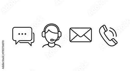 A clean and modern line icon set featuring essential contact methods: a speech bubble with dots indicating an ongoing conversation, a customer support agent with headphones and microphone, a